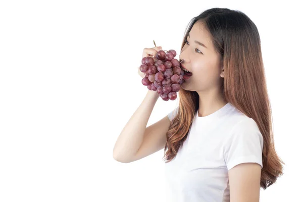 Beautiful Woman Happy Smile Holding Hand Grape Isolated White Background — Foto de Stock