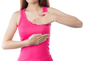 Güzel kadın, kendi başına göğüs muayenesi (BSE) Göğüs Kanseri Farkındalığı (BSE).