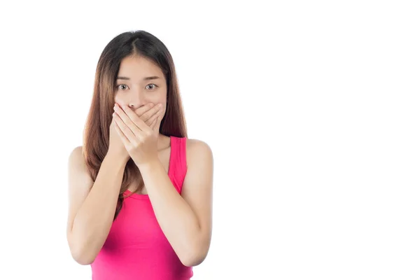 Uma Mulher Usando Uma Camisa Rosa Com Problemas Orais Fundo — Fotografia de Stock