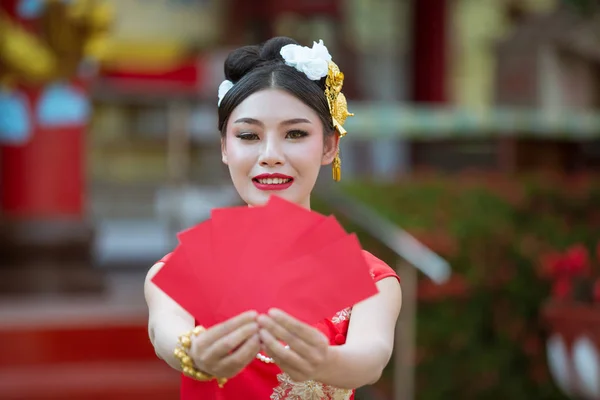 Beautiful Asian Girl Wearing Red Dress Holding Paper Fan Her — Stock Fotó