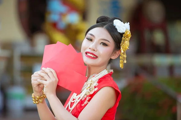 Beautiful Asian Girl Wearing Red Dress Holding Paper Fan Her — Foto Stock