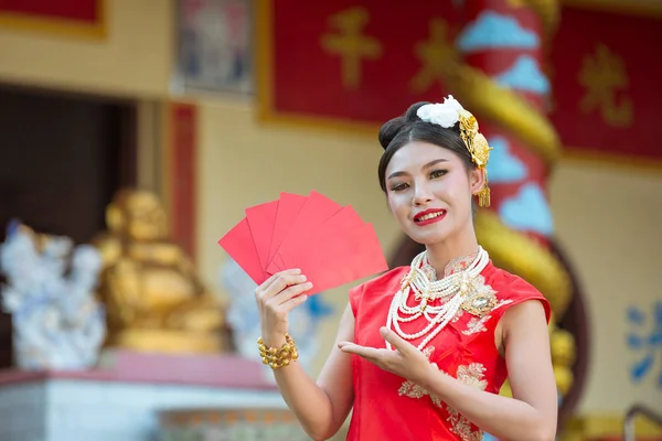 Beautiful Asian Girl Wearing Red Dress Holding Paper Fan Her — Stockfoto