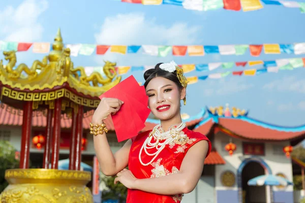 Beautiful Asian Girl Wearing Red Dress Holding Paper Fan Her — Stockfoto