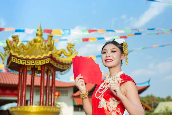 Beautiful Asian Girl Wearing Red Dress Holding Paper Fan Her — Stockfoto