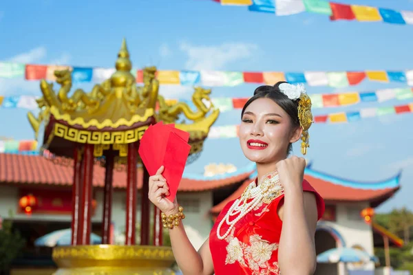 Beautiful Asian Girl Wearing Red Dress Holding Paper Fan Her — Stockfoto