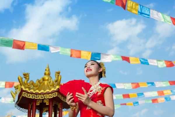 Beautiful Asian Girl Wearing Red Dress Holding Paper Fan Her — Stockfoto