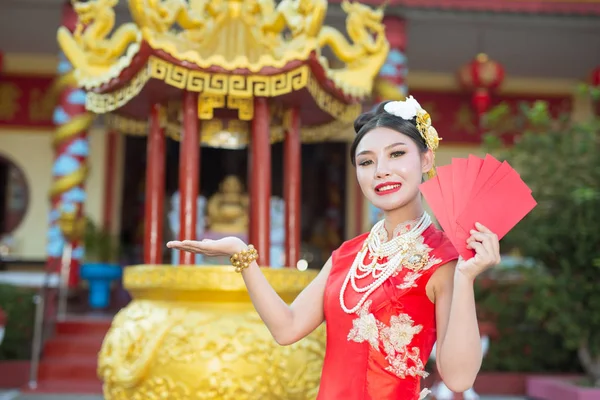 Beautiful Asian Girl Wearing Red Dress Holding Paper Fan Her — Foto Stock