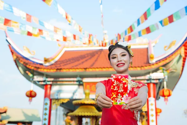 Beautiful Asian Girl Wearing Red Dress Holding Paper Fan Her — Foto Stock