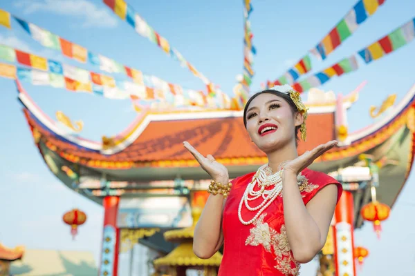 Beautiful Asian Girl Wearing Red Suit Showing Her Gestures Smiling — Stock Fotó