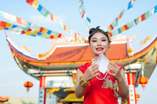 Beautiful Asian Girl Wearing Red Dress Holding Paper Fan Her — Stockfoto