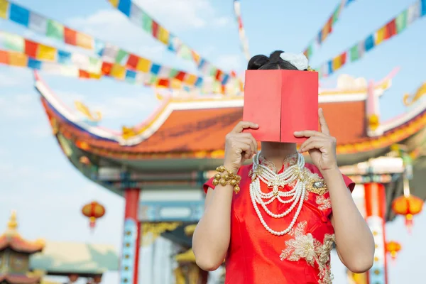 Beautiful Asian Girl Wearing Red Dress Holding Paper Fan Her — Stock fotografie