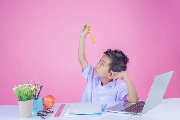 Children Write Book Gestures Pink Background — ストック写真