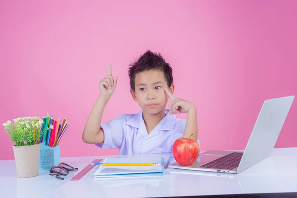 Children Write Book Gestures Pink Background — ストック写真