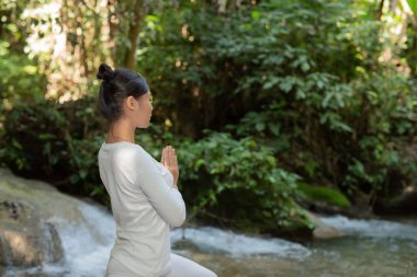 Güzel kızlar parkta yoga oynuyorlar. Ormandaki doğal şelaleler arasında egzersiz konseptleri