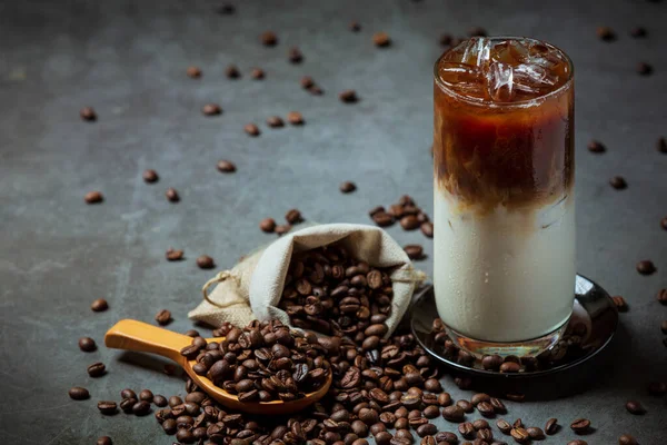 Iced Coffee Tall Glass Cream Topped Iced Coffee Decorated Coffee — Stok fotoğraf