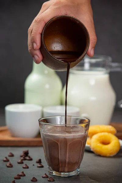 Cocoa Served Delicious Chocolate Dessert Black Background — Stok fotoğraf