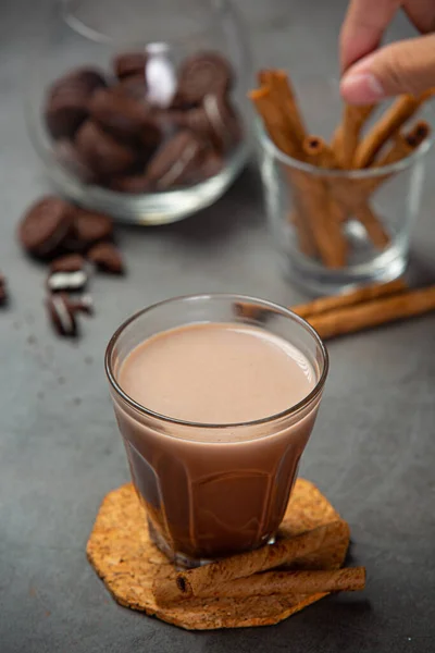 Cocoa Served Delicious Chocolate Dessert Black Background — Stok fotoğraf