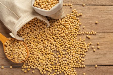 Ahşap zeminde soya tohumları ve kenevir çuvalları Beslenme konsepti.