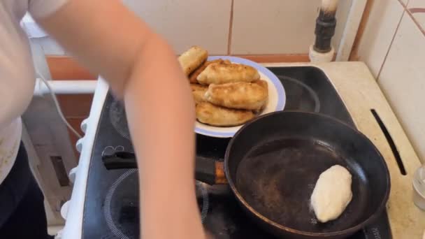 Vegan Vegetarian Simple Food Hotcakes Woman Prepares Simple Food Pies — Stock Video