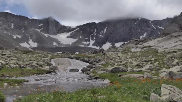Kobieta Turysta Plecakiem Przechodzi Górskiej Wędrówki Przez Czysty Strumień Wodą — Wideo stockowe