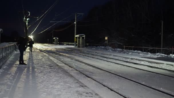 Χειμερινή Πόλη Νυχτερινή Πόλη Άφιξη Του Νυχτερινού Τρένου Στο Σταθμό — Αρχείο Βίντεο