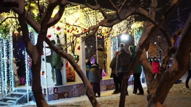 Décorations Vacances Ampoules Éclatantes Guirlandes Ville Nocturne Noël Nouvel Panoramique — Video