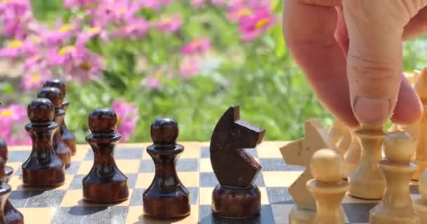 Schach Die Hand Eines Mannes Bewegt Eine Schachfigur Auf Einem — Stockvideo