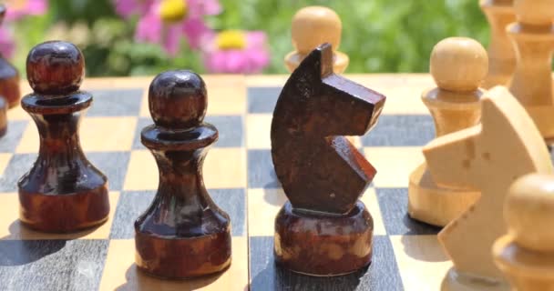 Schach Die Hand Eines Mannes Bewegt Eine Schachfigur Auf Einem — Stockvideo