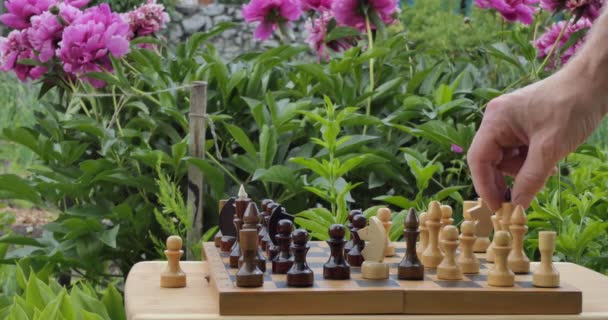 Schach Die Hand Eines Mannes Bewegt Eine Schachfigur Auf Einem — Stockvideo