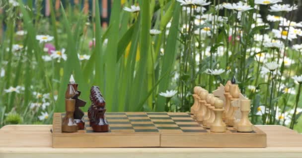 Šachy Mužská Ruka Pohybuje Šachovou Figurkou Šachovnici Která Stojí Letní — Stock video