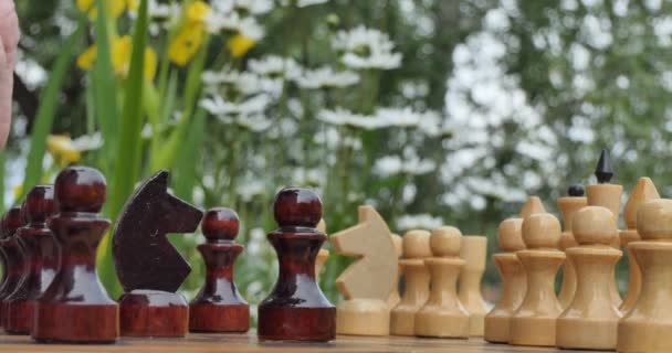 Schachspiel Die Hand Eines Mannes Legt Eine Schachfigur Auf Ein — Stockvideo