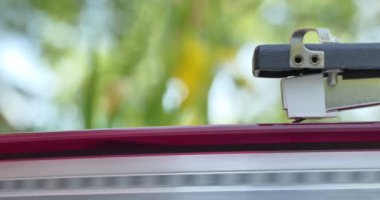 Vinil plak çalar. Kamyonetin başı, arka plandaki çiçeklere karşı bahçede dönen vinil plağa indirildi..