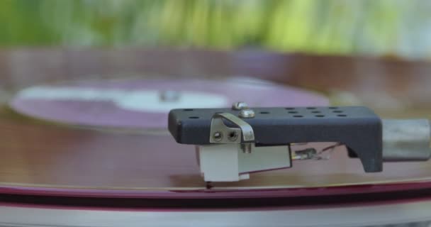 Vinyl 黑胶唱机的小磁头从旋转的唱片上升起 后续行动 — 图库视频影像
