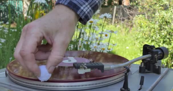Vinyl Man Turns Vinyl Record Player Standing Background Flowers Cleans — Stock Video