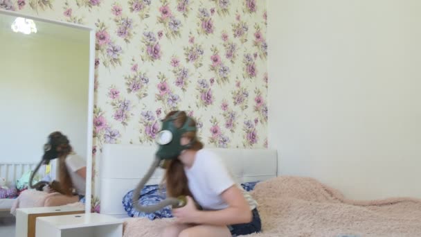 Epidemic Young Woman Gas Mask Epidemic Gets Out Bed Goes — Stock Video