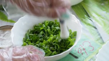 Vejetaryen, basit yemekler. Çevre dostu organik. Aşçı lezzetli bir yemek hazırlamak için yeşil soğan ve tuzlu kase öğütür..