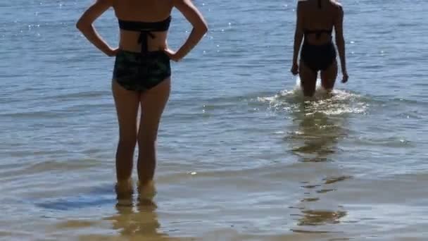 Zwemmende Vrouwen Een Vrouw Gaat Het Water Zwemmen Een Zandstrand — Stockvideo