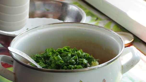 アジア料理 シンプルな料理 おろしか 料理人は牛乳を野菜の鍋に注ぎ スプーンでかき混ぜてください — ストック動画