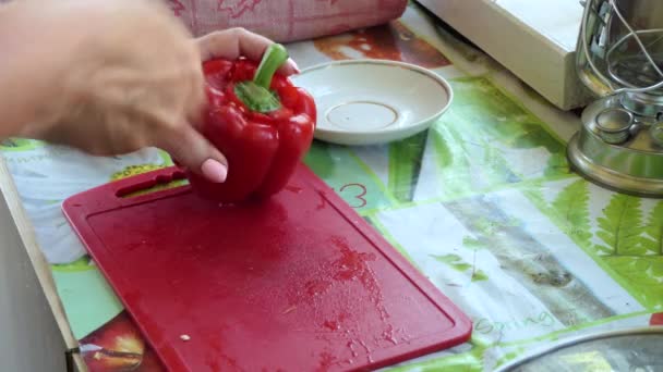 菜食主義者 アジア料理 シンプルな料理 調理はナイフでまな板に甘いコショウの作品をカットします 閉じろ — ストック動画