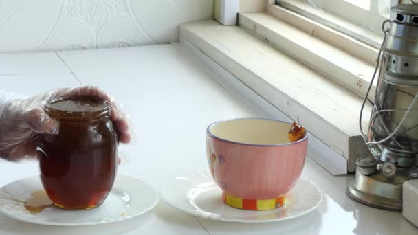 ビーガン 簡単な食べ物 調理人はガラス瓶からセラミックカップに蜂蜜を注ぎます — ストック動画