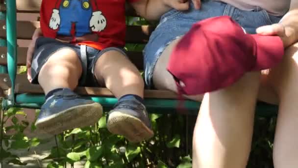 Children Family Small Child His Mother Swinging Swing Garden Summer — Stock Video