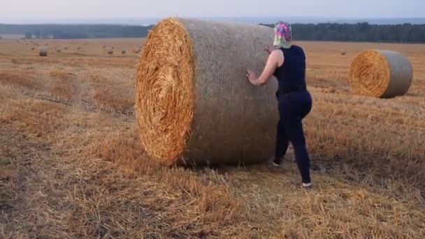 Fata Tânără Rostogolește Cilindru Înfășurat Paie Câmp — Videoclip de stoc