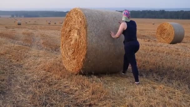 Miúda Uma Jovem Rola Cilindro Enrolado Palha Todo Campo — Vídeo de Stock