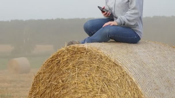 Kadın Elinde Telefon Olan Bir Kız Bükülmüş Bir Saman Balyasının — Stok video