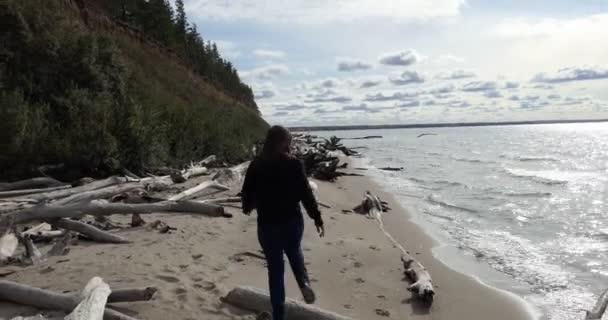 Environnement Une Jeune Femme Marche Long Berge Rivière Devant Les — Video