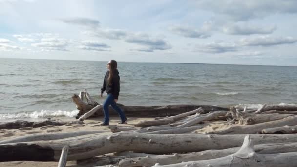 環境だ 若い女性が川の岸に沿って歩いていると 木の幹が現在でもたらされている シベリアのオブ川 スローモーション — ストック動画