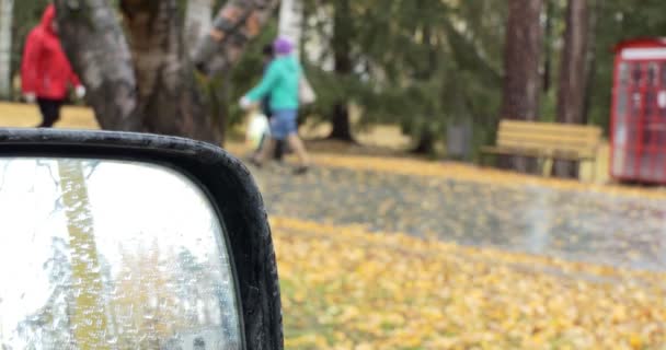 Mevsimler Autumn Park Alanının Arka Planında Insanların Yürüdüğü Bir Araba — Stok video