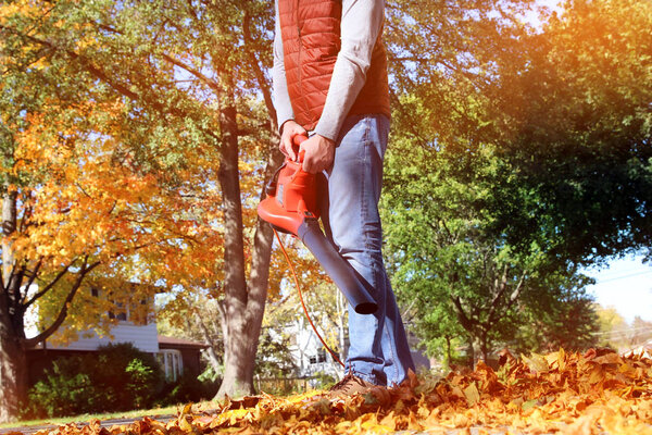 Man working with  leaf blower: the leaves are being swirled up and down on a sunny day