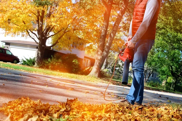 Man Aan Het Werk Met Bladblazer Bladeren Zijn Omhoog Omlaag — Stockfoto