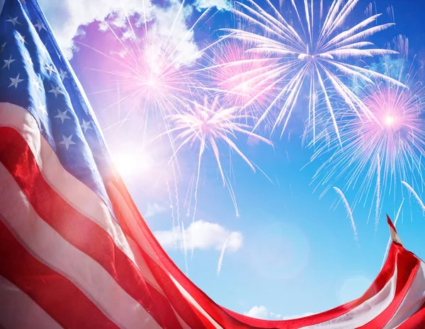 American Flag Blue Sky Fireworks — Stock Photo, Image